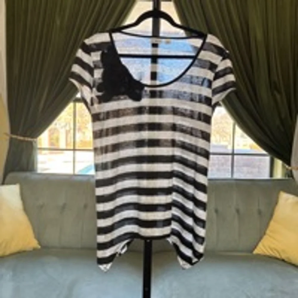 Cato Women’s Asymmetrical Embellished Black & White Striped Blouse - Picture 1 of 4